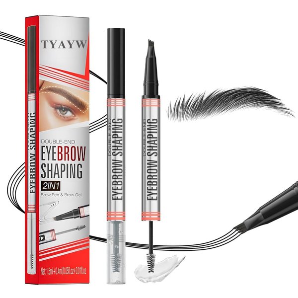 2-in-1 Microblading Eyebrow Pen With 4-Fork-Tip Brow Pen + Sealing Brow Gel, Waterproof Eyebrow Makeup Pencils for Natural Hair-Like Brows, Christmas Gift for Mom Wife or Girlfriend Black