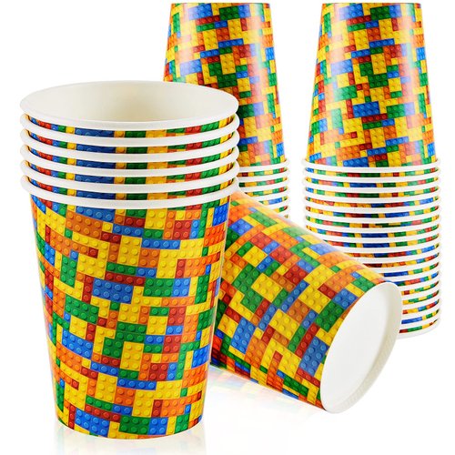 Cunhill 36 Pcs 9 oz Party Paper Cups Party Supplies Disposable Cups Paper Drinking Cups for Birthday Party Decorations Sport Picnics (Building Block)