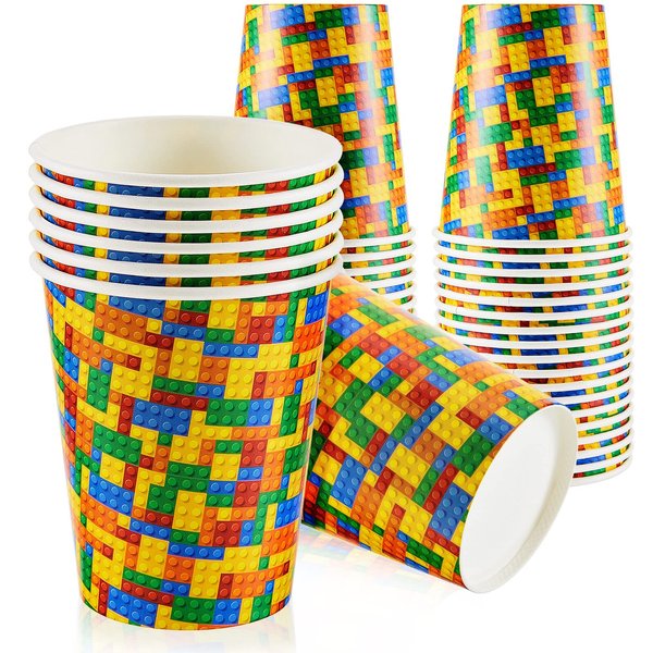 Cunhill 36 Pcs 9 oz Party Paper Cups Party Supplies Disposable Cups Paper Drinking Cups for Birthday Party Decorations Sport Picnics (Building Block)