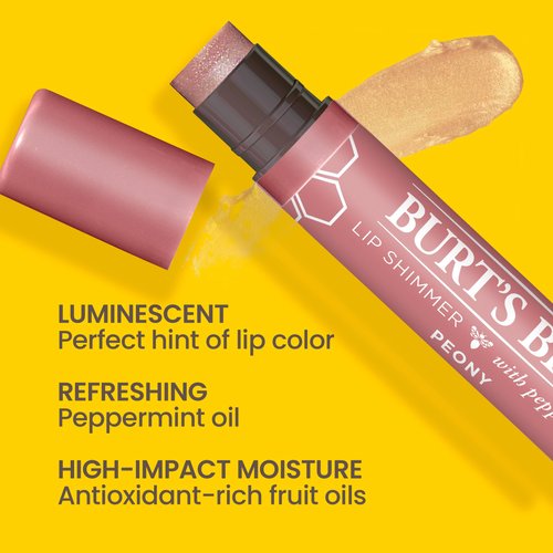 Burt's Bees Shimmer Lip Tint Stocking Stuffers Set, Shimmering Lip Oil Stick, Moisturizing for All Day Hydration with Natural Glowy Pigmented Finish & Buildable Color, Peony (4-Pack)