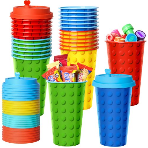 FZR Legend Building Blocks Party Favors Goodie Cups, 24 Pack Birthday Party Cups in 4 Designs, 16OZ Reusable Colorful Blocks Plastic Party Supplies Decorations Cups with Lids Plugs for Kids