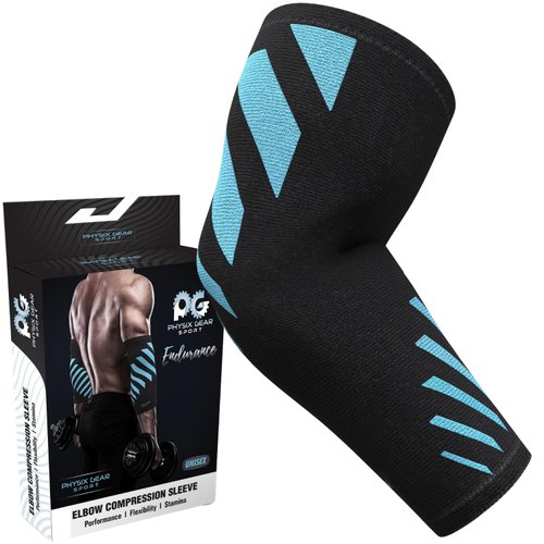 Physix Gear Workout Elbow Sleeves - Elbow Sleeves Compression for Weightlifting, Tendonitis, Bursitis, Compression Sleeves Elbow Support for Men & Women - Elbow Sleeve for Lifting, Blue/Black, M