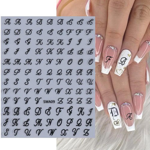 Letter Nail Stickers, 8 Sheets Old English Letter Nail Decals 3D Self-Adhesive Gold Silver Black White Retro English Pattern Old Alphabet Cursive Nail Design Manicure Nail Accessories for Women Girls