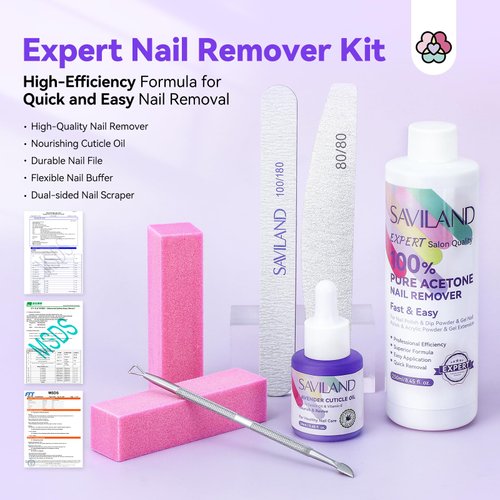 SAVILAND 100% Acetone Nail Polish Remover Kit: Ultra-Powerful Gel Remover with Cuticle Oil Rich in Castor Oil & VE for Repairing Nail, Nail File Buffer Tools for Dip Acrylic Remove Home Salon 8.45 Oz