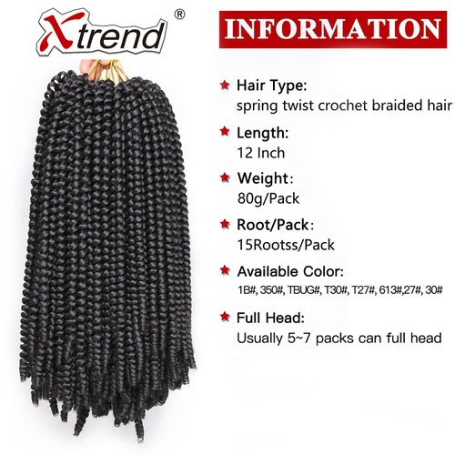 Xtrend 12 Inch 2 Packs Spring Twist Hair For Butterfly Faux Locks And Invisible Locs Short Crochet Braids Hair Synthetic Spring Curl Hair Extension For Women (1B#)