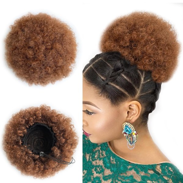 Generic Afro Puff Drawstring Ponytail Extension for Black Women Premium Ombre Brown 30# Short Synthetic Afro Puff Ponytail for Natural Hair Clip On Kinky Drawstring Curly Ponytail Bun（30#）, 7.5