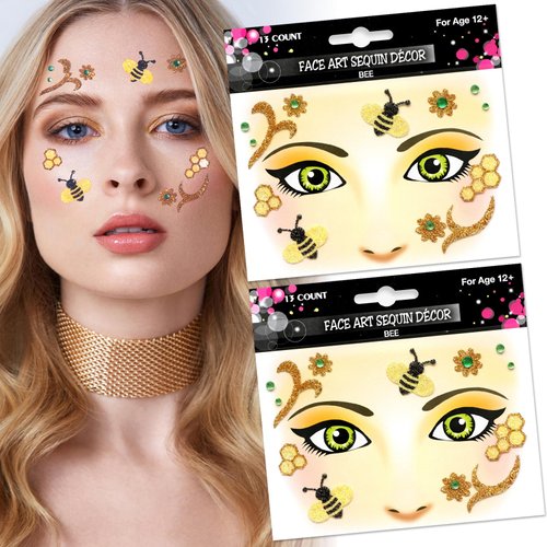 Bee Face Sticker Yellow Bee Face Temporary Tattoos Sticker Green Clove Face Body Tattoos Party Makeup Self Adhesive Holiday Festival Party Supplies 2pcs (02-yellow bee)