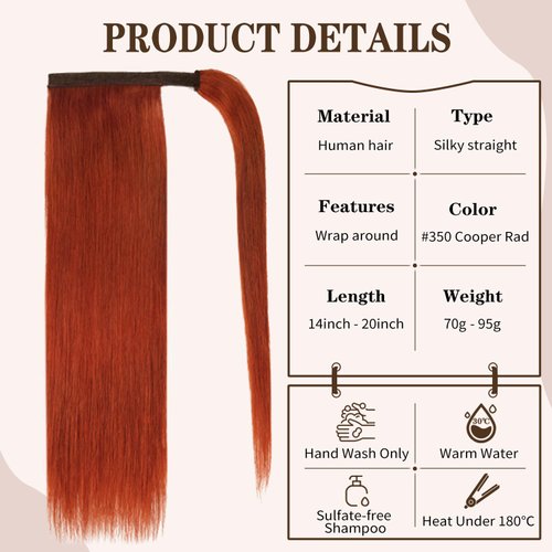 FAAAL 20" Ponytail Extension Human Hair #350 Copper Red Clip in Ponytail Hair Extension 95g Straight Remy Human Hair Wrap Around Ponytail for Women