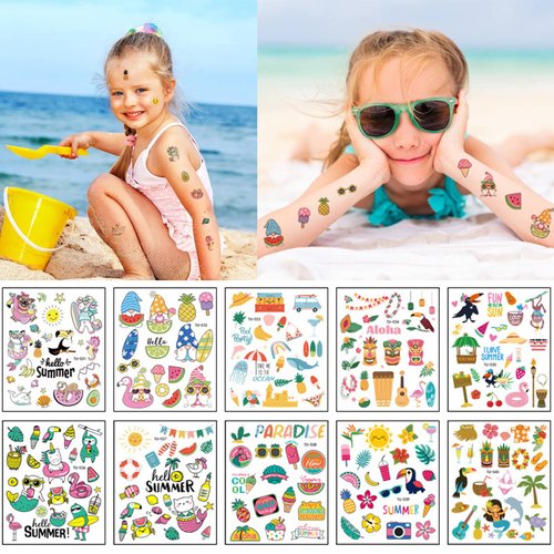 Summer Temporary Tattoo Stickers 200+ Patterns Hawaii Beach Pool Party Tropical Fake Tattoos Waterproof Pineapple Palm Tree Cat Ice Cream for Kids Boy Girl Adult