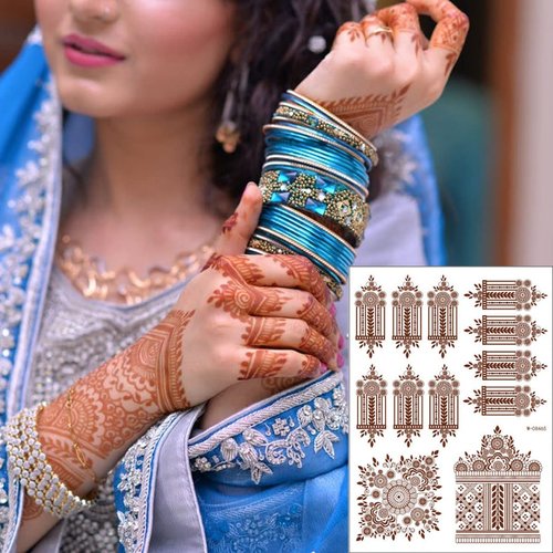 Henna Temporary Tattoo Sexy Brown Lace Moon Flower Waterproof Fake Tattoos Removable Temporary Tattoos for Women Wedding Party Birthday Supplies 8 Sheets
