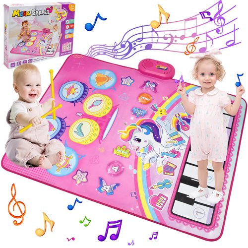 Cyiecw Piano Drum Babies Play Mat, Unicorn Piano Keyboard & Drum Toys for 1 Year Old Girl Gifts, Infant Musical Toy 12-18 Months, Babies Birthday for 1 2 3 Year Old