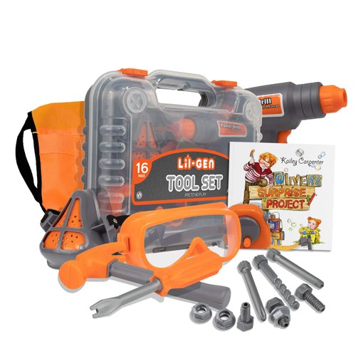 Li'l-Gen Kids Tool Set with Book, 16 Pieces Tools Plus Case - Includes Oliver's Surprise Project! Book Pretend Play Toys for Boys and Girls Age 3+