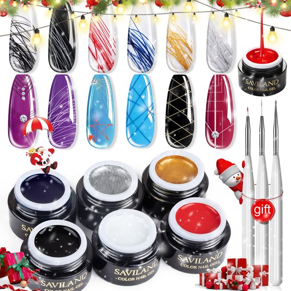 SAVILAND 6 Colors Spider Gel, New Upgraded Matrices Spider Gel with Nail Art Brushes, Nail Designs Gel Paint Wire Drawing Gel Polish for Line (White Black Red Blue Gold Silver)