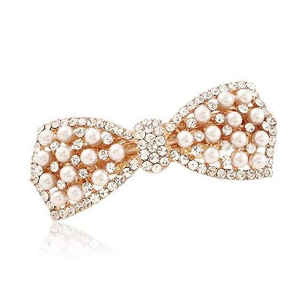 DNHCLL Pearl Bow Hairpin Set With Drill Water Drill Cross Pin Headdress Ponytail Clip for Womens(Golden)