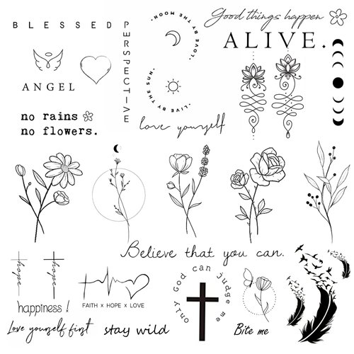 Dopetattoo Realistic Tattoos Temporary Tattoo Quote Word Tattoo Inspirational Words Letter Tattoo Wild Flower Tattoo Floral Bouquet Tattoo for Body Temporary Tattoos for Women