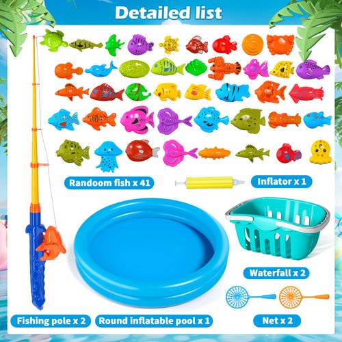 Doloowee Magnetic Fishing Game Bath Pool Toys for Toddlers 3-5,48pcs Fishing Toys Game Floating Fish Magnet Pole Rod Net Education Teaching and Learning for Kids Age 3-6 4-8