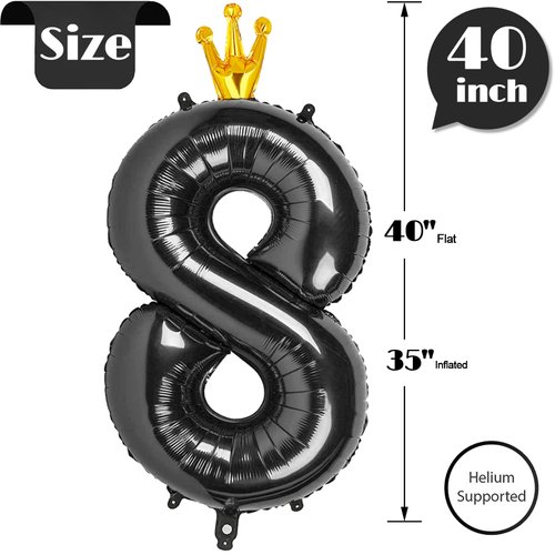 Number 8 Balloon 40 in, Foil Balloons 8 Big Balloon, 8 18 80 Birthday Balloons for Men Boys,8th Black Party Supplies,Wedding Anniversary