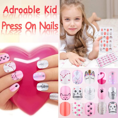 144 Pcs Thrilez Kids Press on Nails for Girls, Teens - Artificial Nail Tips, Pre Glue Full Cover Short Nails - Nail Art Decoration (Pink Series)