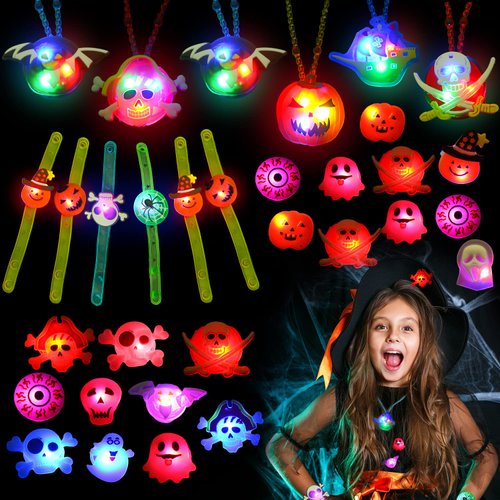 SULOLI 32Pcs Halloween Light Up Ring Necklaces Bracelets Toys Halloween Party Bag Fillers for Kid Adult Glow in the Dark Non Candy Gift Bags