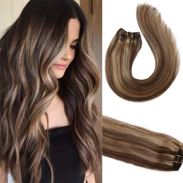 Clip in Hair Extensions Brown and Blonde Highlights Real Human Hair Extensions 18 inches 70g Silky Straight Clip on Remy Balayage Hair Extension Full Head 7 Pcs