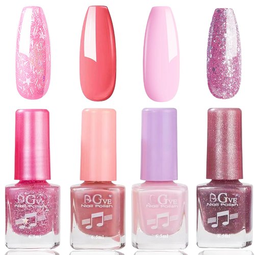 Star Chunky Glitter Nail Polish, 4Pcs Air Dry Pink Nail Polish Set, Shiny Sparkly Glittery Nail Polish Kit, Long Wear Nail Gift Polish Set for Girls, Iridescent Bright Color Shimmer Gel Polish