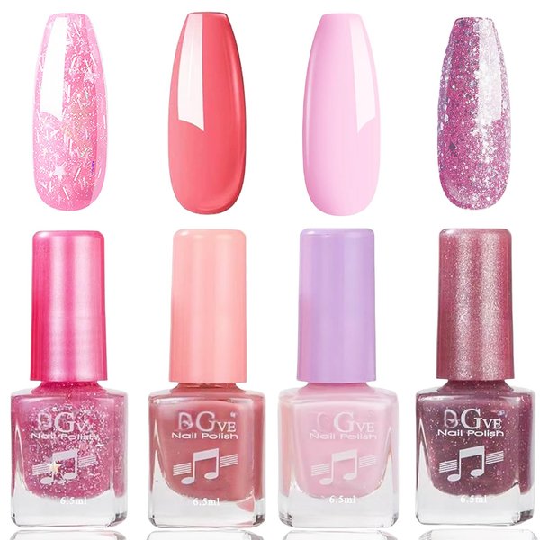 Star Chunky Glitter Nail Polish, 4Pcs Air Dry Pink Nail Polish Set, Shiny Sparkly Glittery Nail Polish Kit, Long Wear Nail Gift Polish Set for Girls, Iridescent Bright Color Shimmer Gel Polish