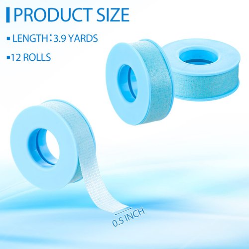 Nuanchu 12 Rolls Silicone Tape Bulk, Reusable Adhesive Silicone Tape for Lash, Easy to Remove(Blue, 0.5 Inch x 3.9 Yards)
