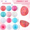 Riakrum 18 Pcs Donut Birthday Party Decorations Round Donut Lanterns Sprinkle Hanging Paper Lanterns Sweet Candy Honeycomb Balls Paper Fans for Ice Cream Birthday Party Decor Baby Shower Supplies