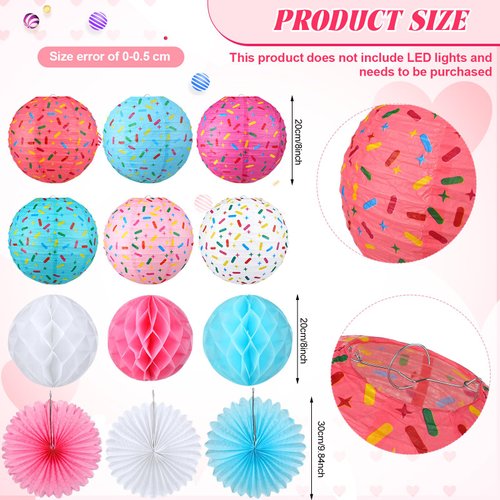 Riakrum 18 Pcs Donut Birthday Party Decorations Round Donut Lanterns Sprinkle Hanging Paper Lanterns Sweet Candy Honeycomb Balls Paper Fans for Ice Cream Birthday Party Decor Baby Shower Supplies