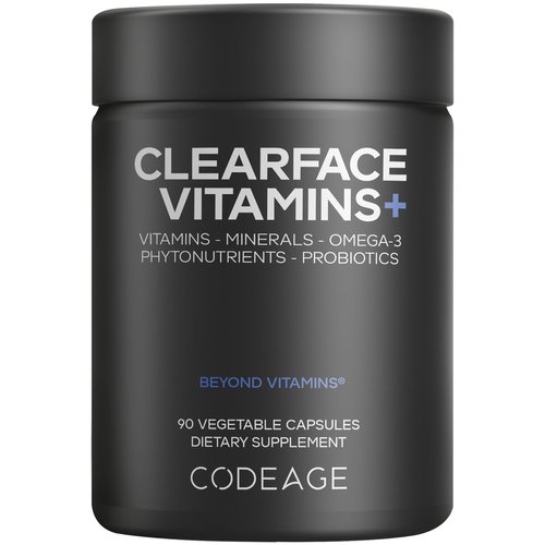 Codeage Clearface Pantothenic Acid, Niacin Supplement, Vitamins A, C, D3, E, Probiotics, Zinc, Riboflavin, Thiamin, L-Lysine HCL & Omega-3, Niacinamide, Skin Botanical Blend - Non-GMO - 90 Capsules