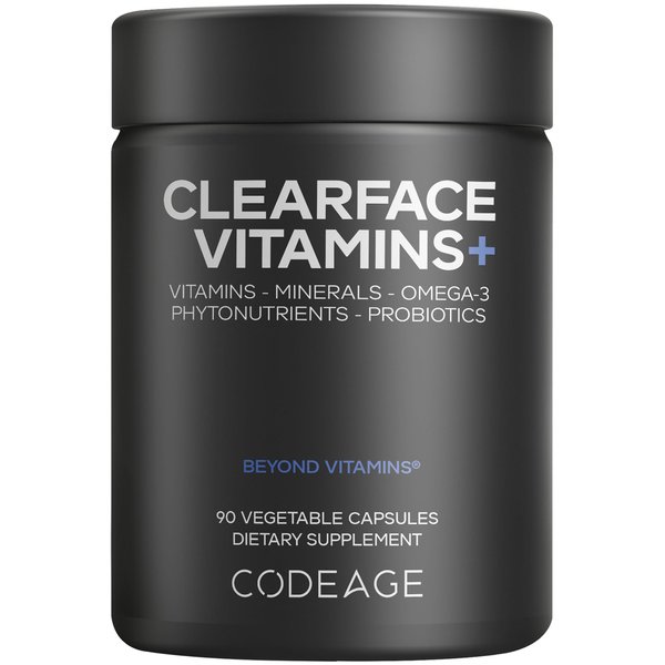 Codeage Clearface Pantothenic Acid, Niacin Supplement, Vitamins A, C, D3, E, Probiotics, Zinc, Riboflavin, Thiamin, L-Lysine HCL & Omega-3, Niacinamide, Skin Botanical Blend - Non-GMO - 90 Capsules