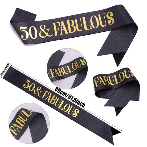 Black Gold "50 & Fabulous"Sash & Rhinestone Tiara Set, 50th Birthday Gifts for Women, Birthday Sash/Tiara for Women's 50th Birthday Party Decoration (Black 50th)