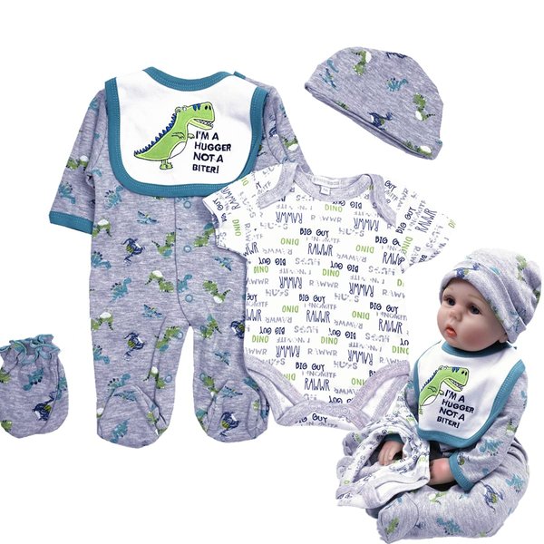 Reborn Baby Dolls Boy Clothes 22 inch Dinosaur Outfit Accessories 5 pcs Sets Fit 20-22" Newborn Dolls Clothing