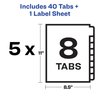 Avery 8 Tab Dividers for 3 Ring Binder, Easy Print & Apply Clear Label Strip, Index Maker Customizable White Tabs, 5 Sets (11437)
