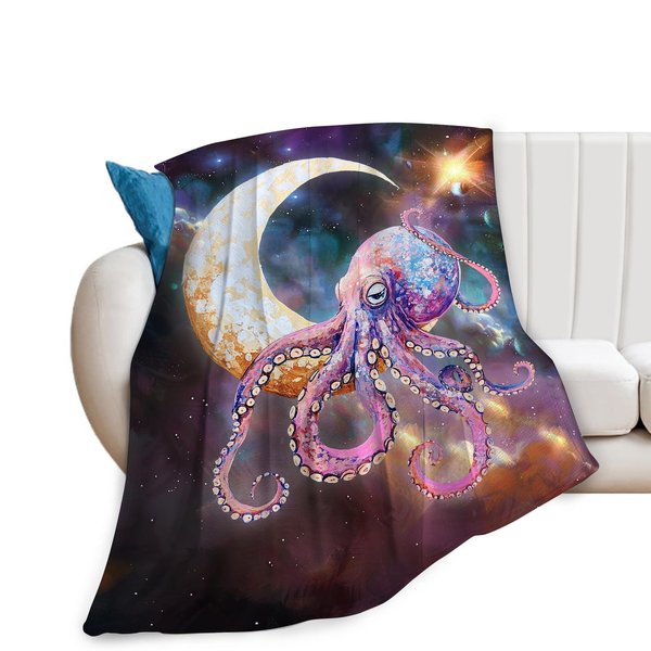 Octopus Blanket Fleece Soft Warm Plush Octopus Moon Galaxy Throw Blanket Lightweight Plush Fuzzy Cozy Funny Octopus Animal Blanket for Lover Kids Adult Suitable for Couch Sofa Bed 50"X40"