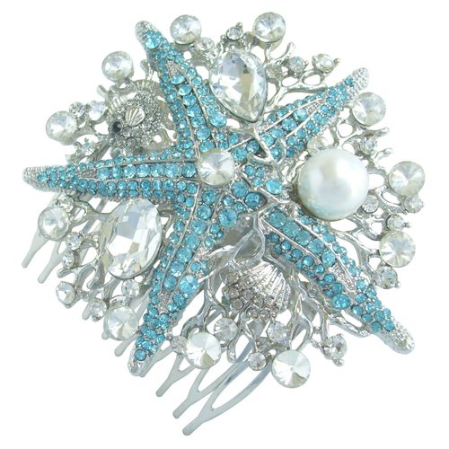 Sindary Wedding Headpiece 3.15" Rhinestone Crystal Pearl Bridal Starfish Hair Comb HZ6412 (Silver-Tone Blue)