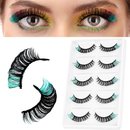 Suhome Colored Lashes Fluffy Russian Strip Lashes with Color Wispy D Curl Colored Eyelashes 5 Pairs Pack (Green)