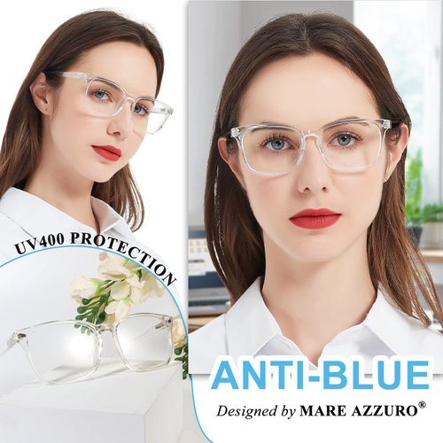 MARE AZZURO Computer Reading Glasses Women Blue Blocking Screen Light Readers 0 100 125 150 175 200 225 250 275 300 350 400 500 600 (Transparent, 6.0)