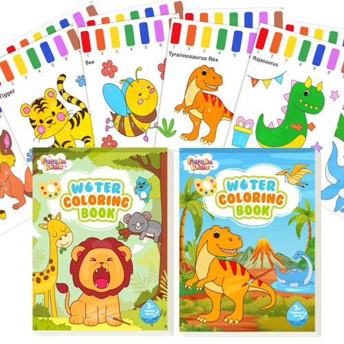 2 Pack Water Coloring Books for Toddlers - Painting Set Drawing Art Paper for Kids Mess Free Craft Supplies Toy for Kids 3 4 5 6 Halloween Thanksgiving Christmas Birthday Gift (Dinosaur&Animals)