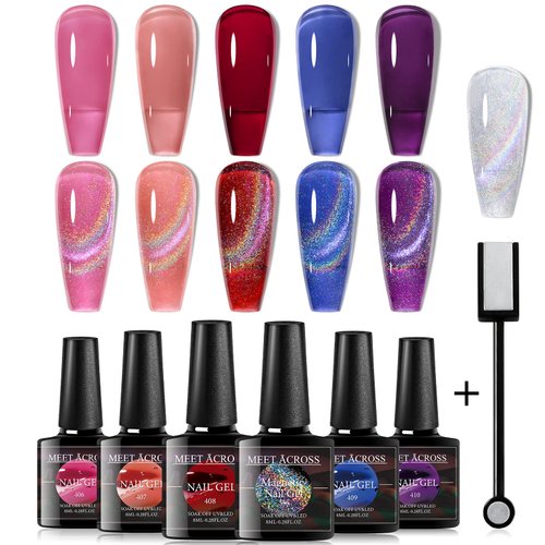MEET ACROSS Ice Cat Eye Gel Nail Polish Set Soak Off UV LED Light Starry Sky Effect Magic Gel Nail Polish Kit Manicure Nail Art Gift Kit 6 Colors Free Magnet Stick
