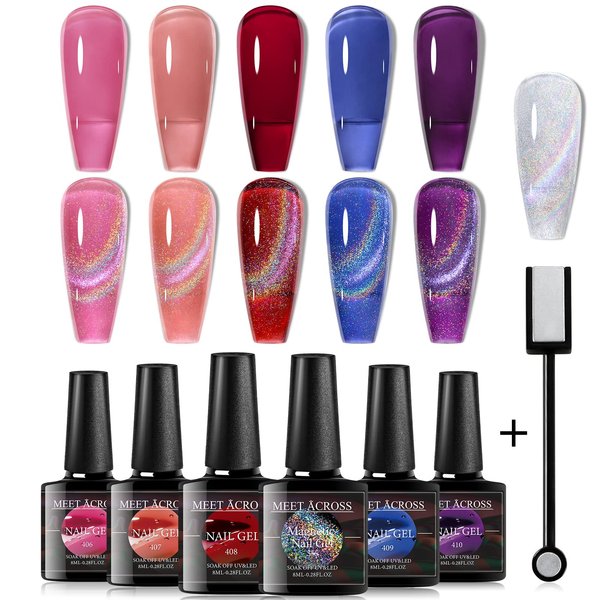 MEET ACROSS Ice Cat Eye Gel Nail Polish Set Soak Off UV LED Light Starry Sky Effect Magic Gel Nail Polish Kit Manicure Nail Art Gift Kit 6 Colors Free Magnet Stick
