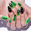 GLAMERMAID Green Press on Nails Medium Almond, Cartoon Cat Gel Glue on Nails Short Oval, Stiletto False Nail Kits with Gothic Snake Design, Short Oval Fake Nails Acrylic Stick on Nails for Women Gift