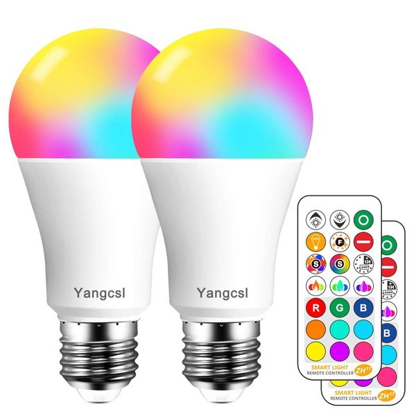 Yangcsl LED Light Bulb 85W Equivalent, RGB Color Changing Light Bulb, 6 Moods - Memory - Sync - Dimmable, A19 E26 Screw Base, Timing Remote Control Included (Pack of 2)