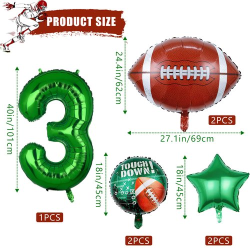 7pcs Football Balloons, Football Birthday Number Mylar Foil Balloon, Football Sport Them Party Supplies Football 3rd Birthday Decorations (3rd)
