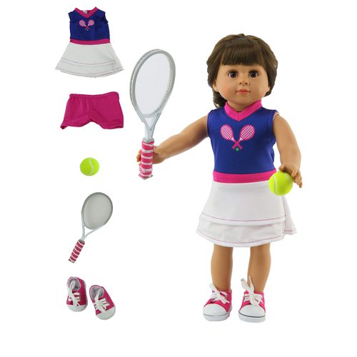 American Fashion World Purple & White Tennis Outfit Set for 18-inch Dolls| 5 Piece Set | Premium Quality & Trendy Design | Dolls Clothes | Outfit Fashions for Dolls for Popular Brands