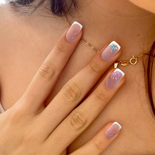 YOSOMMK Nude Press on Nails Short Square Fake Nails with Butterfly Designs French Tip Glue on Artificial Nails Glossy Stick on False Nails for Women and Girls