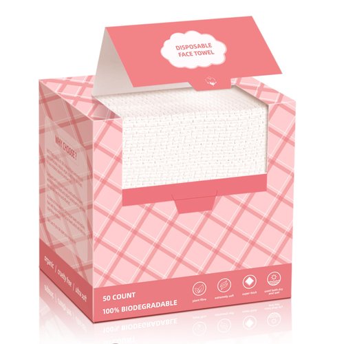 ICOTLE Disposable Face Towels 10"×12" Lint-Free Clean Towel Makeup Remover Dry Wipes Biodegradable Face Towelette for Sensitive Skin, Makeup Removing, Cleansing, Nursing, Travel (50 COUNT)