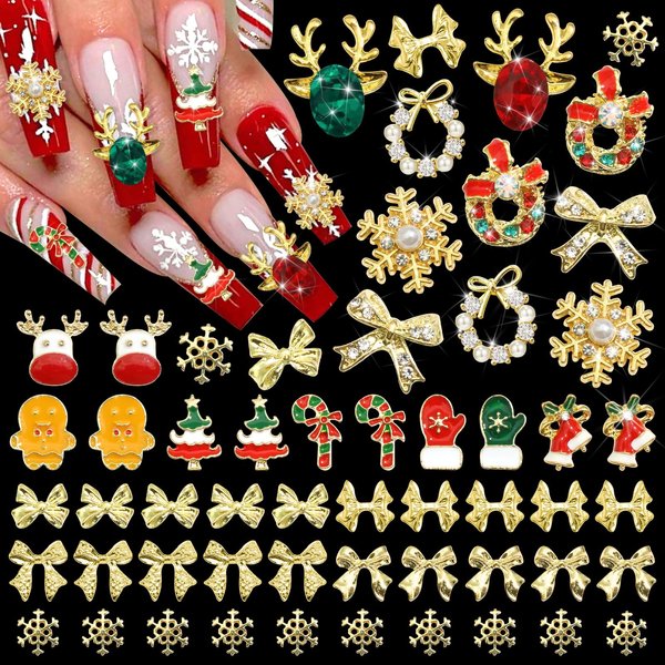 BELICEY 52Pcs Christmas Nail Charms Gold 3D Bow Snowflake Elk Charms for Nails Design with Gems Rhinestones Accessories Metal Nail Art Supplies Winter Holiday Nail Decorations