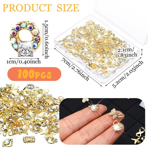 100 Pcs Gold Nail Charms for Acrylic Nails Gold Nail Rhinestones 3D Nail Charms Heart Nail Gems Luxury Decor Diamonds for Nail Art Shiny Nail Stones Beauty Nail Design Crystals for DIY Women Nail