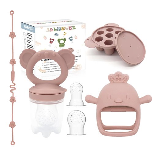 Allruyee Baby Fruit Feeder & Mini Freezer Tray Combo - Baby Teether, Breastmilk Popsicle Molds for Teething Relief, Fresh Food Feeder for Safe Infant Self-Feeding, Extra Food Pouches(Pink)